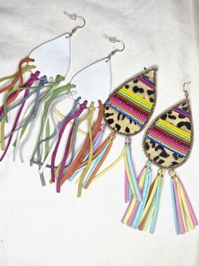 Multi -Colorful Beaded & Fringe Teardrop Earrings - Pair (Set Of 2 )